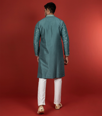 Stone Blue Kurta With White Straight Fit Pants-Blue