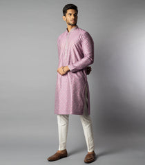 Mauve Orchid Kurta With White Straight Fit Pants-Mauve