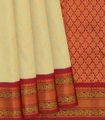 Cream Handwoven Gadwal Silk Saree With Star Flower Zari Motifs & Contrast Maroon Border, Pallu-Cream