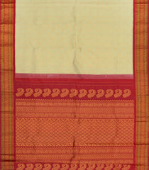 Cream Handwoven Gadwal Silk Saree With Star Flower Zari Motifs & Contrast Maroon Border, Pallu-Cream