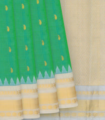 Sea Green Handloom Gadwal Silk Cotton Saree With Cream Border-Sea Green