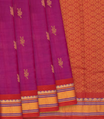 Pink Handloom Gadwal Silk Cotton Saree With Floral Butta & Red Border-Pink