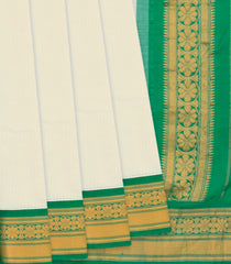 White Handloom Gadwal Cotton Saree With Checks & Green Border-White