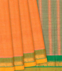 Orange Handloom Gadwal Cotton Saree With Stripes-Orange