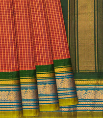 Rust Handloom Gadwal Cotton Saree With Checks -Rust