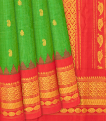 Leafy Green Handloom Gadwal Silk Cotton Saree With Mango Buttas-Leaf Green