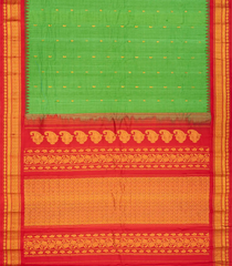 Leafy Green Handloom Gadwal Silk Cotton Saree With Mango Buttas-Leaf Green