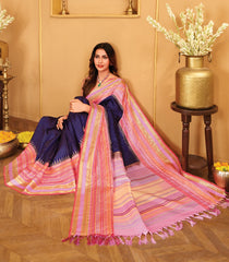 Dark Purple Handloom Korvai Kanchipuram Silk Saree With Zari Stripes-KA15409