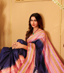 Dark Purple Handloom Korvai Kanchipuram Silk Saree With Zari Stripes-KA15409