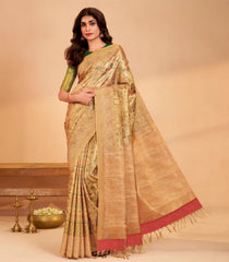 Light Peach Handloom Kanchipuram Silk Saree With Meena Floral Motifs-KA15533
