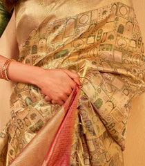 Light Peach Handloom Kanchipuram Silk Saree With Meena Floral Motifs-KA15533