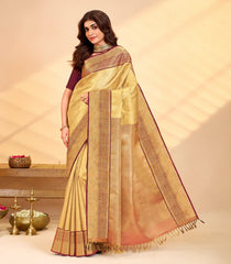 Gold Handloom Kanchipuram Silk Saree With Floral Vine Motifs-KA15633