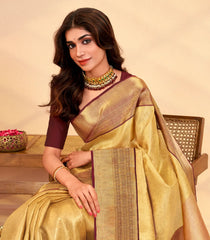 Gold Handloom Kanchipuram Silk Saree With Floral Vine Motifs-KA15633