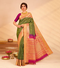 Dark Green Handloom Korvai Kanchipuram Silk Saree With Zari Motifs-KA15472