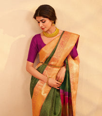 Dark Green Handloom Korvai Kanchipuram Silk Saree With Zari Motifs-KA15472