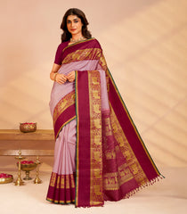 Baby Pink Handloom Korvai Kanchipuram Silk Saree With Zari Checks-KA15471