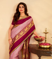Baby Pink Handloom Korvai Kanchipuram Silk Saree With Zari Checks-KA15471