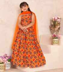 Orange multicolor printed and embroidered skirt set