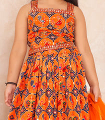 Orange multicolor printed and embroidered skirt set