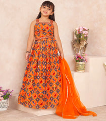 Orange multicolor printed and embroidered skirt set