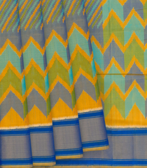 Mango Yellow Handloom Ikat Silk Saree With Stripes & Chevron Motifs-Mango Yellow