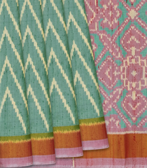 Aquamarine Handloom Ikat Dupion Silk Saree With Chevron Motifs-Aquamarine