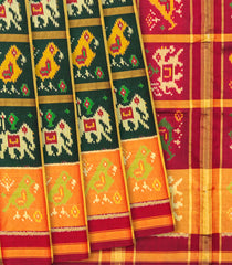 Bottle Green Handloom Patola Single Ikat Silk Saree With Elephant Motifs-Bottle Green