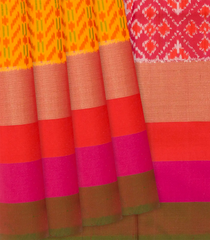 Yellow Handloom Pochampally Ikat Saree With Stripes-Yellow