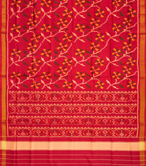 Red Handloom Rajkot Patola Silk Saree With Floral Vine Motifs-Red