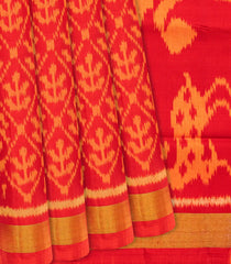 Red Handloom Rajkot Patola Silk Saree With Floral Jaal Motifs-Red