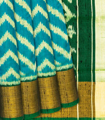 Cyan Handloom Rajkot Patola Silk Saree With Chevron Motifs-Cyan