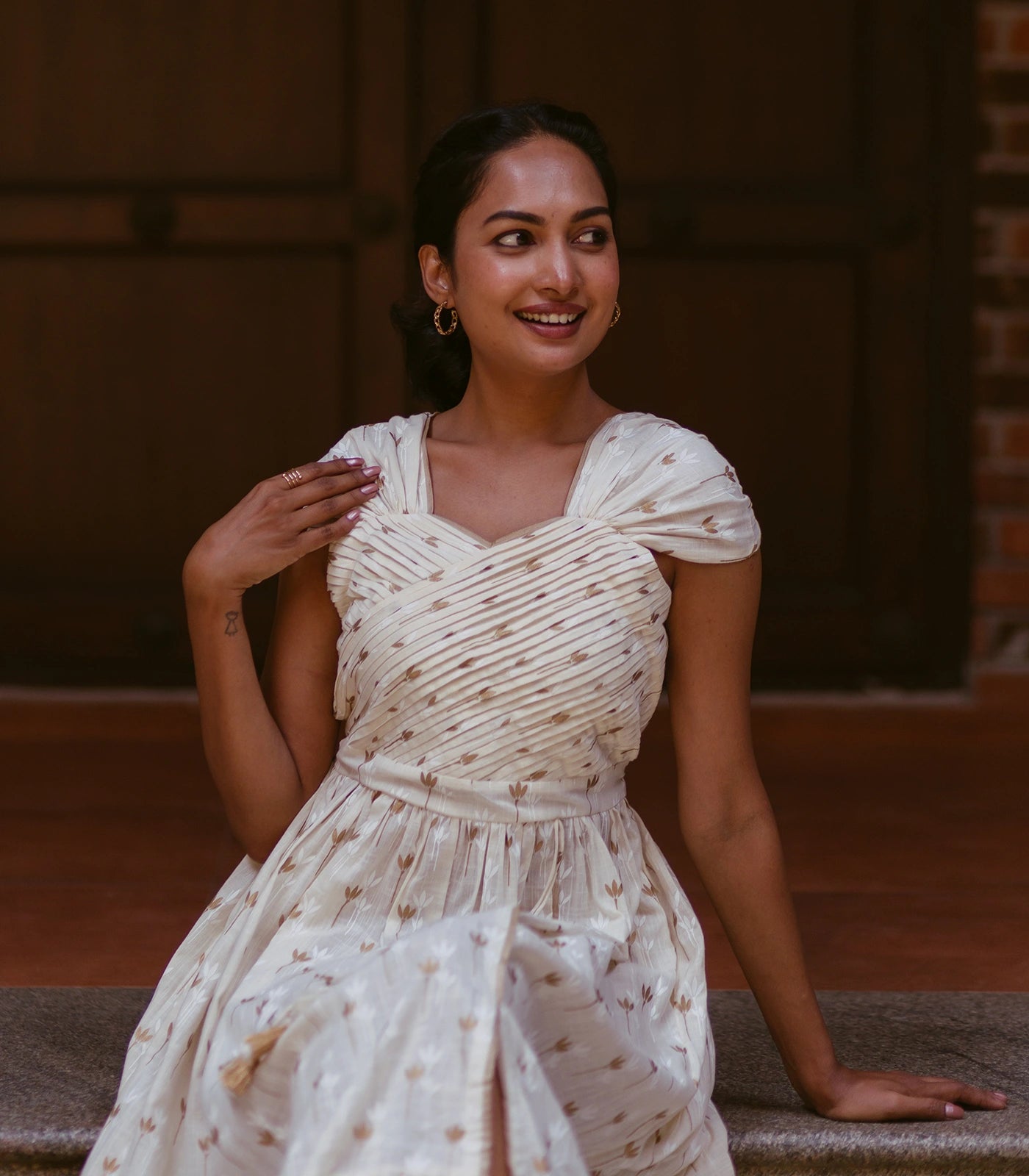 Summer Cream Dress With Gold Floral Prints Summer Cream Dress With Gold Floral Prints