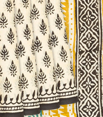 Cream Woven Jaipur Cotton Saree Printed With Black Floral Motifs-Cream