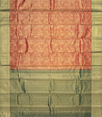 Peach Handwoven Kanchipuram Tissue Lino Korvai Silk Sari With Contrast Green Pallu