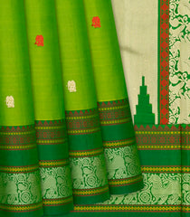 Leafy Green Handloom Kanchipuram Silk Saree With Elephant Motifs-Leaf Green