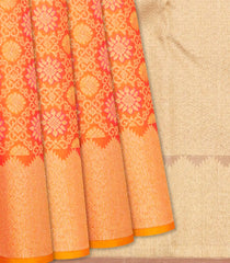 Peach Handloom Kanchipuram Silk Saree With Meena Floral Motifs-Peach