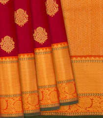 Red Handloom Kanchipuram Silk Saree With Floral Butta-Red