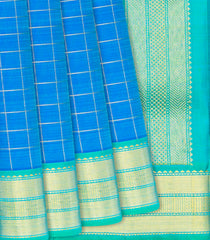 Blue Handloom 9 Yards Kanchipuram Silk Saree With Zari Checks-Blue