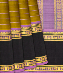 Olive Green Handloom Kanchipuram Silk Saree With Stripes-Olive Green