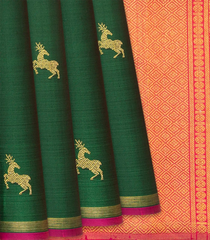 Dark Green Handloom Kanchipuram Silk Saree With Deer Buttas-Dark Green