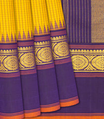 Yellow Handloom Kanchipuram Korvai Silk Saree With Checks & Temple Border-Yellow