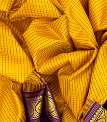 Yellow Handloom Kanchipuram Korvai Silk Saree With Checks & Temple Border-Yellow