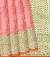 Peach Handloom Kanchipuram Silk Saree With Floral Motifs-Peach