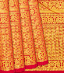 Red Handloom Kanchipuram Silk Saree With Floral Vine Motifs-Red