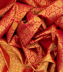 Red Handloom Kanchipuram Silk Saree With Floral Vine Motifs-Red