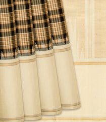 Taupe Handloom Kanchipuram Korvai Silk Saree With Black Checks-Taupe