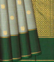 Grey Handloom Kanchipuram Silk Saree With Green Border-Grey