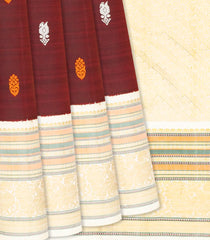 Maroon Handloom Kanchipuram Korvai Silk Saree With White Border-Maroon