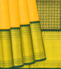 Mustard Handloom Kanchipuram Korvai Silk Saree With Green Border-Mustard