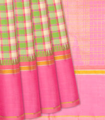 Multi Colour Handloom Kanchipuram Korvai Silk Saree With Checks-Multi colour